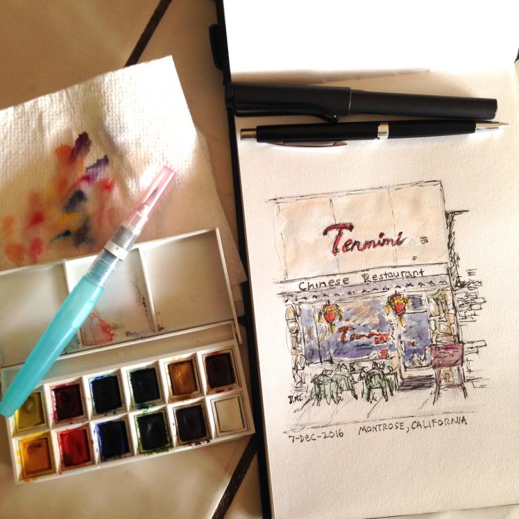 Art tools for urban sketching Tenmimi restaurant