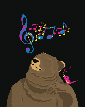 Digital drawing of a bear tilting his head to listen to singing bird