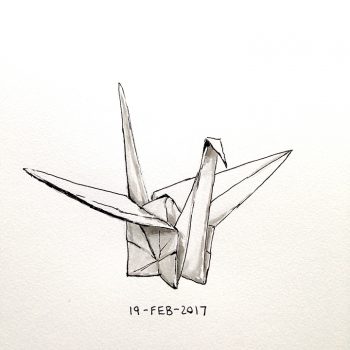 Pen and ink drawing of an origami crane