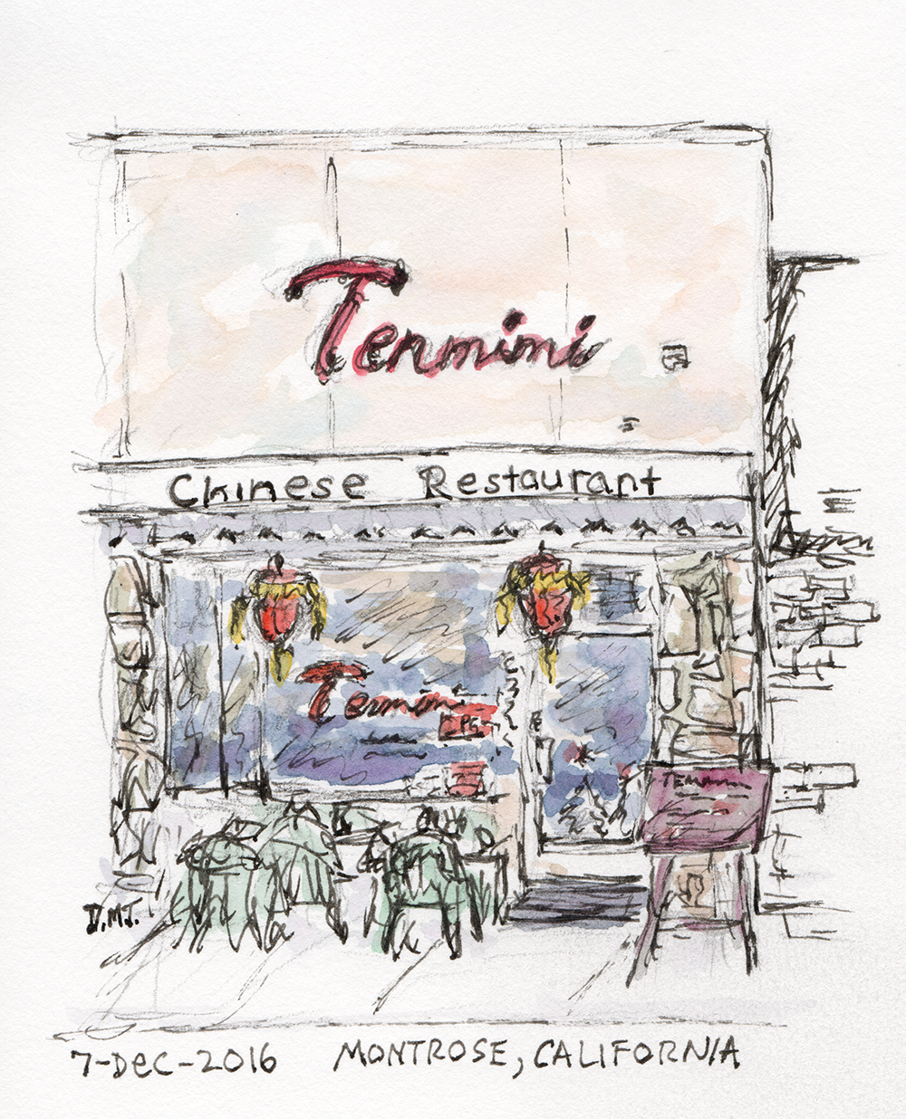 Pen and watercolor drawing of Tenmimi restaurant
