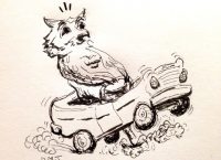 Drawing of an owl driving a car