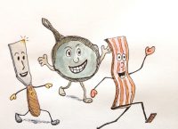 Drawing of a spatula and skillet running after a slice of bacon