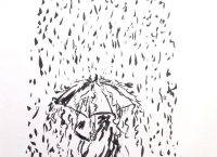 Drawing of a person with an umbrella walking through a downpour