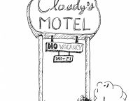 Drawing of a sad cloud looking up at a motel's "no vacancy" sign
