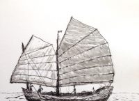 Drawing of a junk sailing vessel