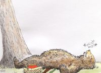 Drawing of a bear lying on top of Yogi Bear
