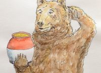 Drawing of a bear looking at a honey pot