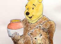 Drawing of Pooh Bear holding a mask and a honey pot