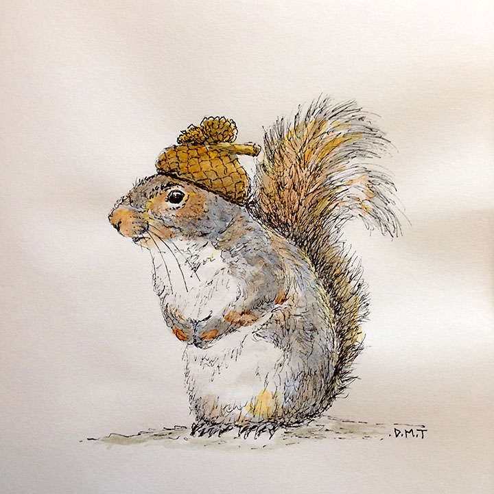 Pen and watercolor drawing of a squirrel wearing an acorn hat