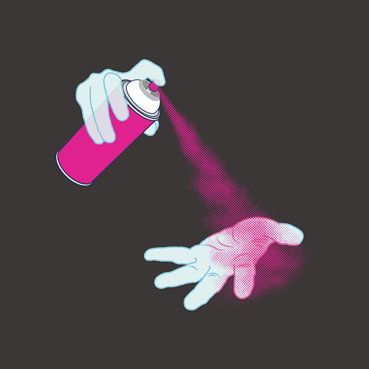 Illustration of ghostly hands and a spray can