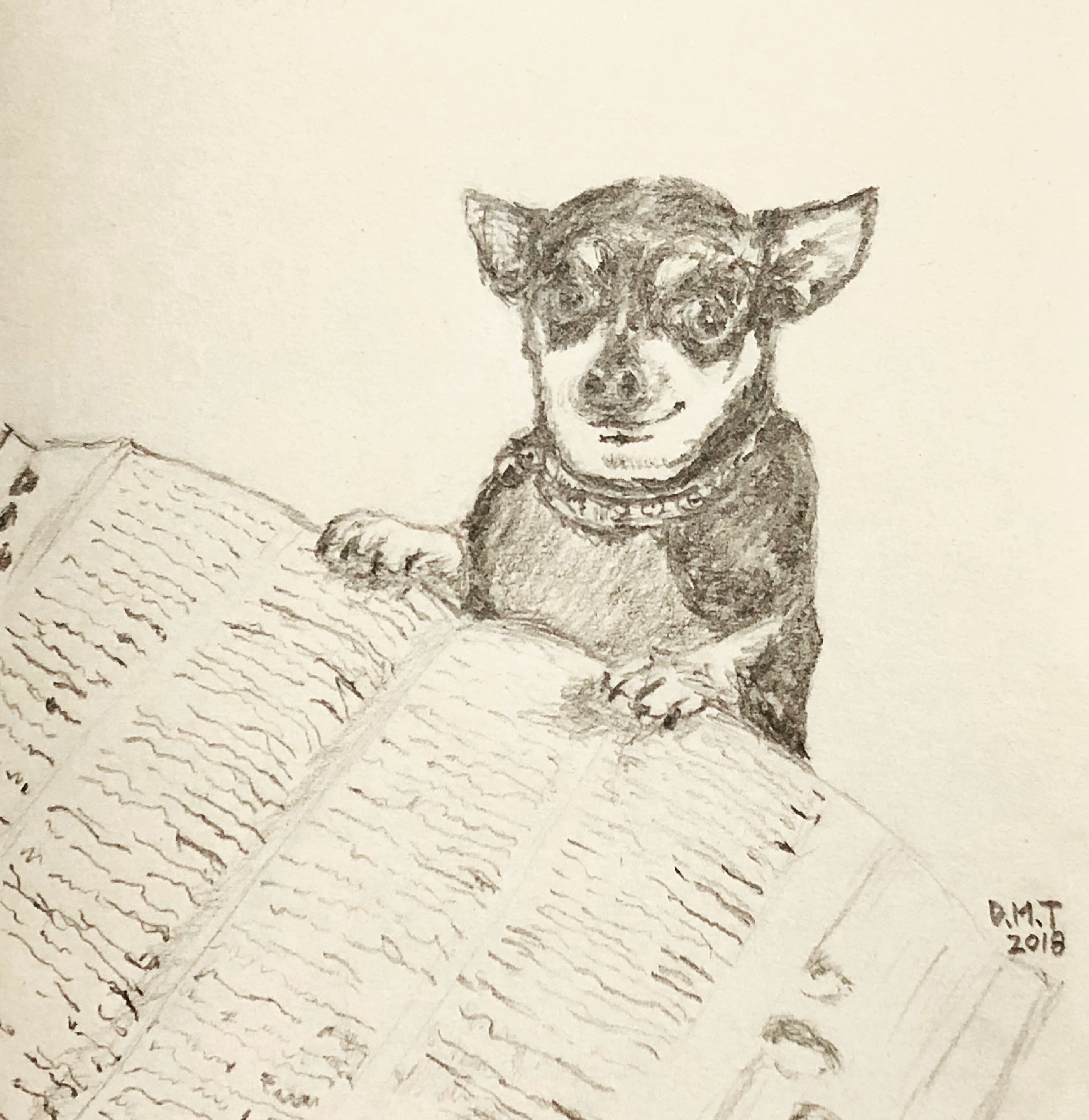 Drawing of a dog and a dictionary